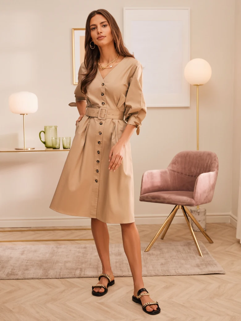 BEIGE DRESS WITH BOUFFANT TIED SLEEVES