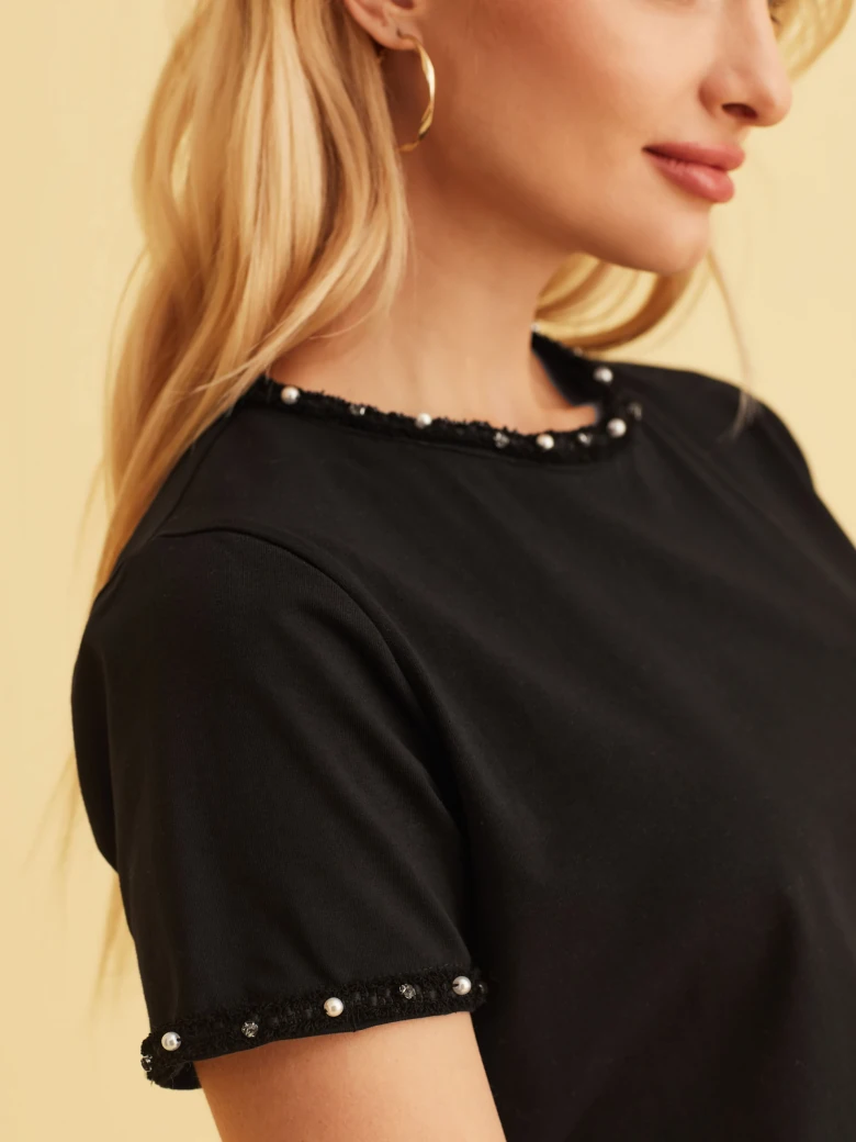 BLACK BLOUSE WITH TWEED TRIM