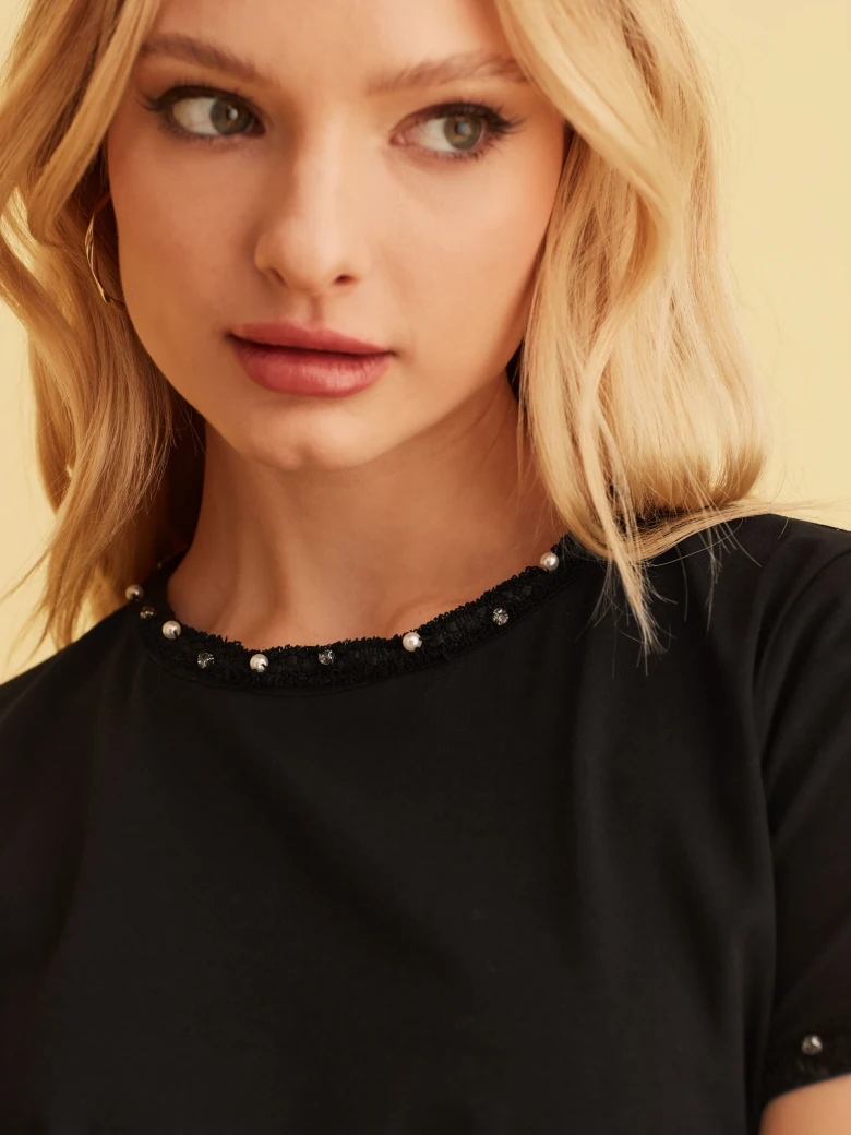 BLACK BLOUSE WITH TWEED TRIM