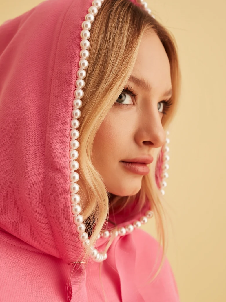 PINK BLOUSE WITH PEARL DETAILS ON HOOD