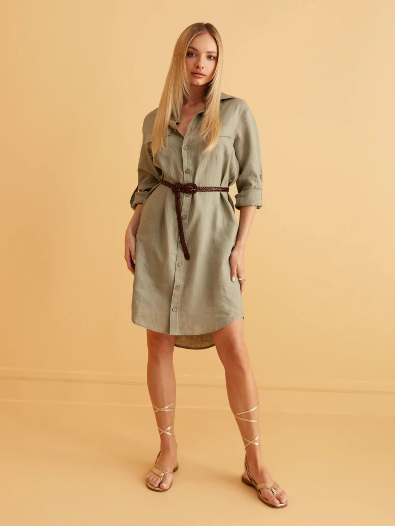 KHAKI LINEN SHIRT DRESS