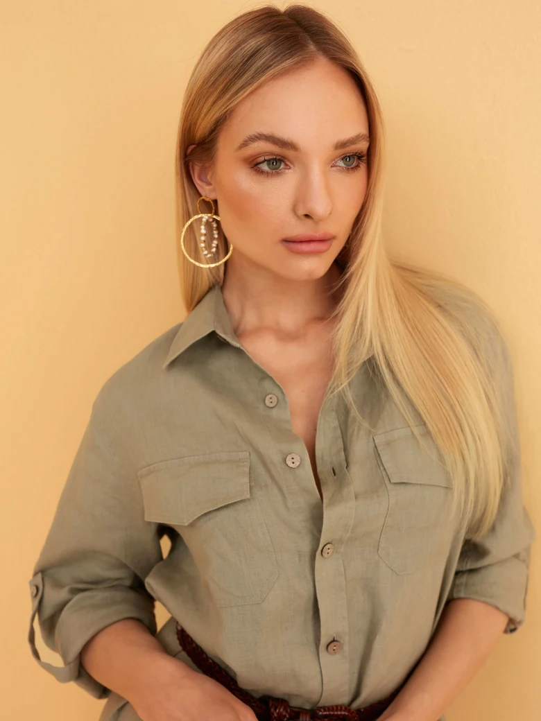 KHAKI LINEN SHIRT DRESS