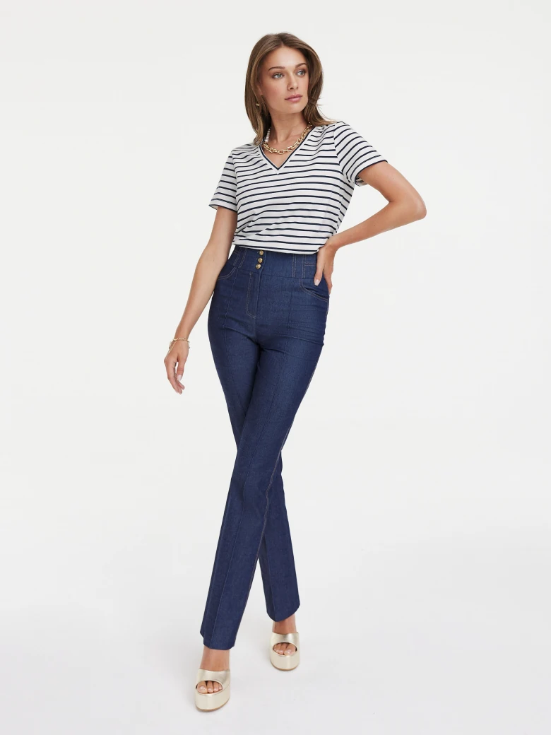 White T-shirt with navy blue stripes