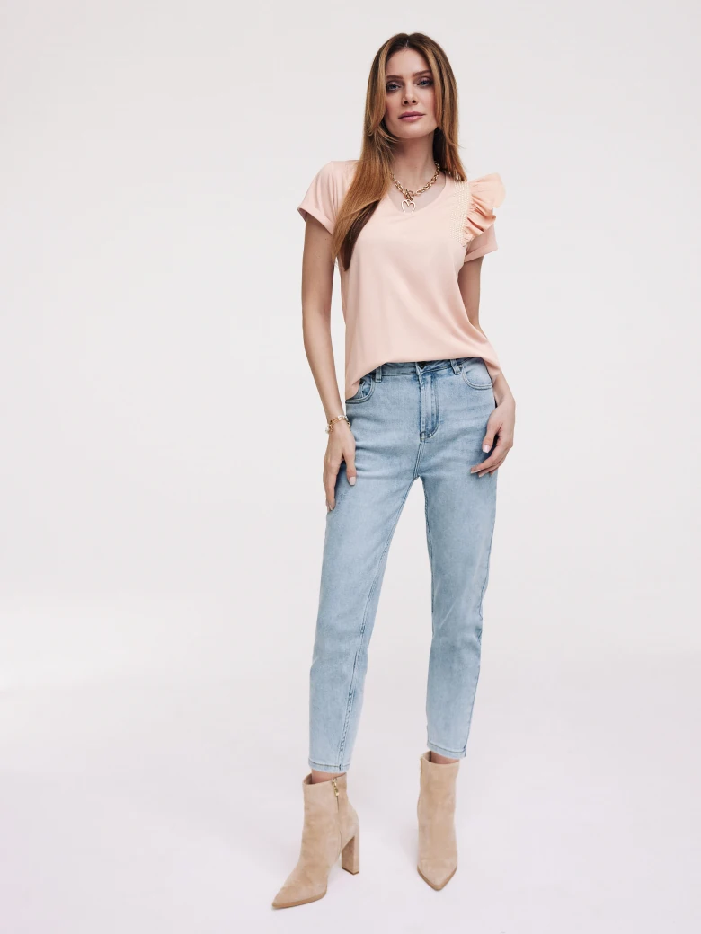 Powder pink T-shirt with ruffle trim