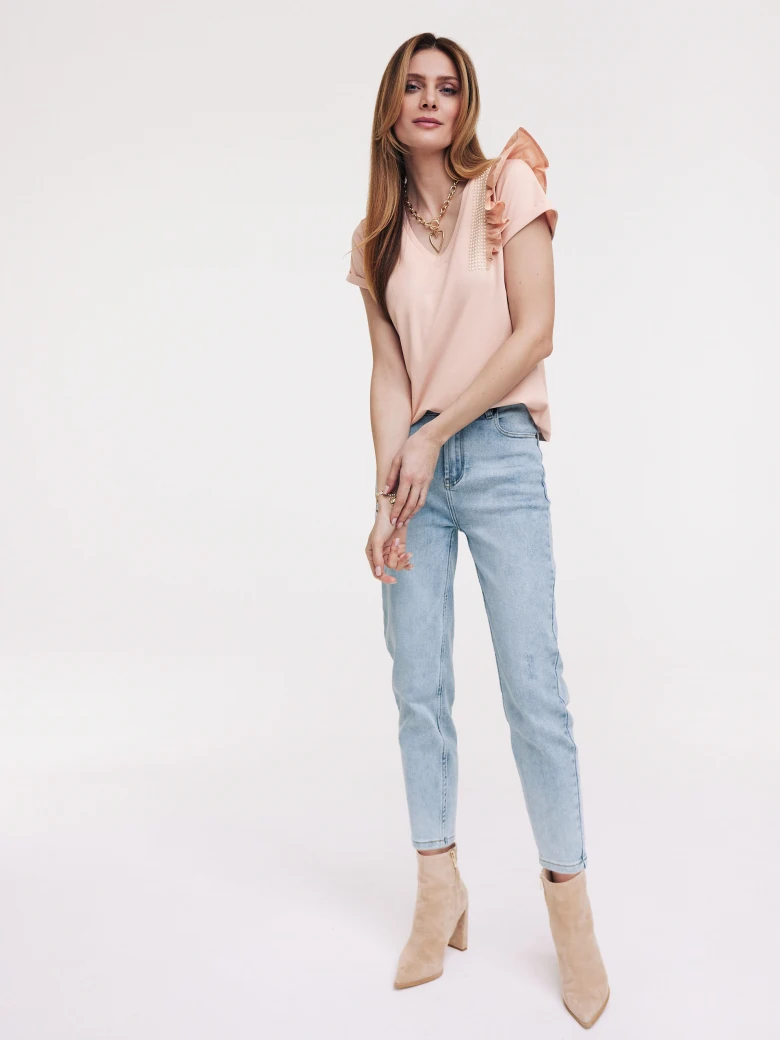 Powder pink T-shirt with ruffle trim