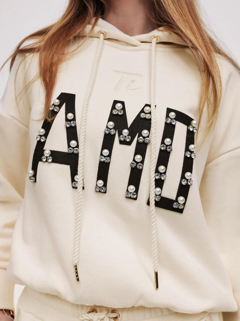Cream sweatshirt with inscription and hoodie