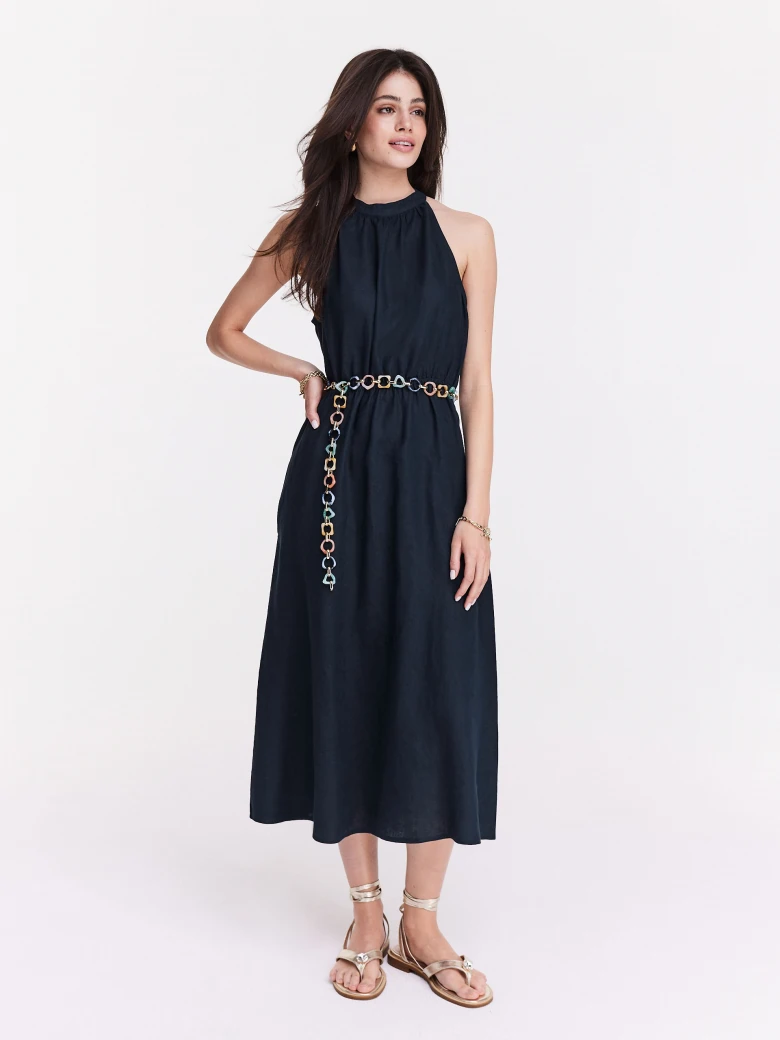 Navy blue linen midi dress