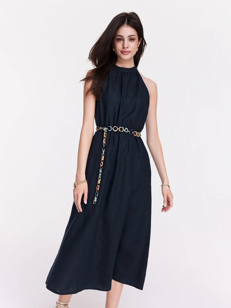 Navy blue linen midi dress