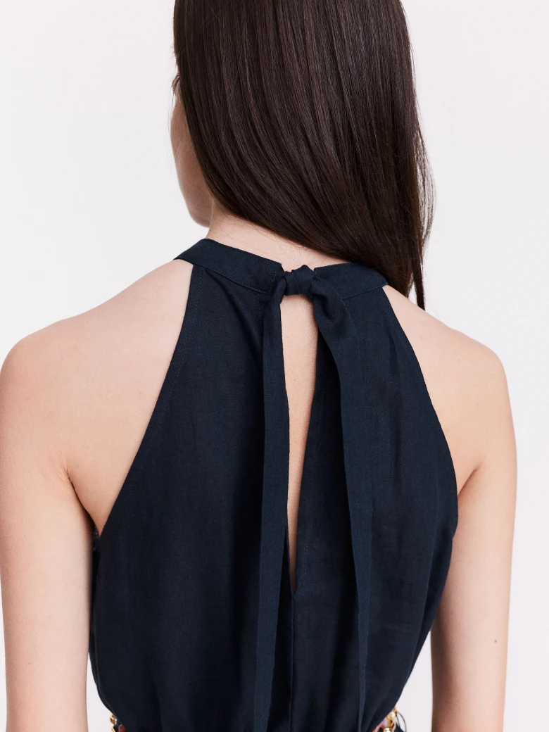 Navy blue linen midi dress