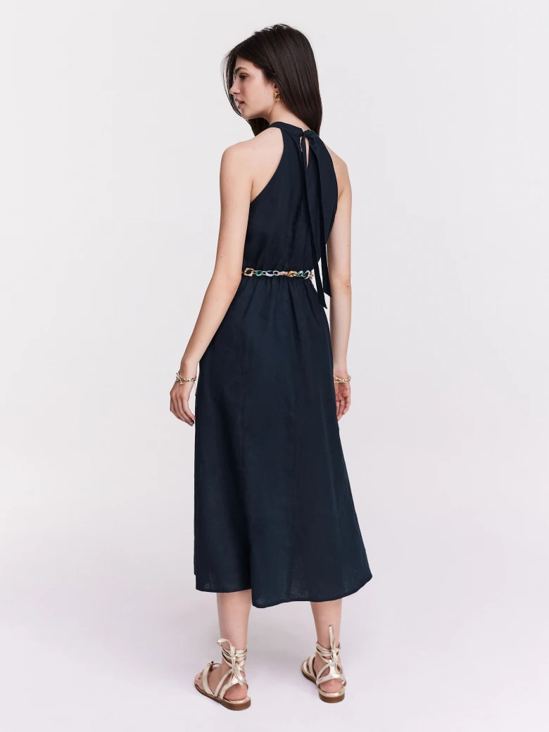 Navy blue linen midi dress