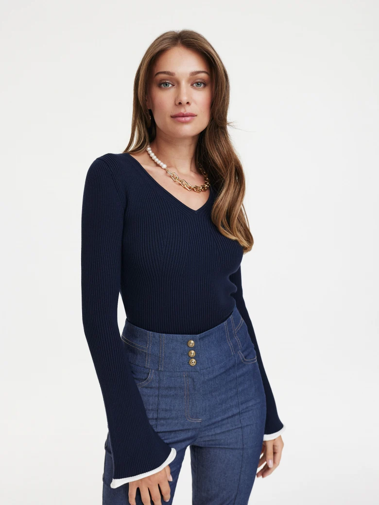 Navy blue sweater with flared sleeves
