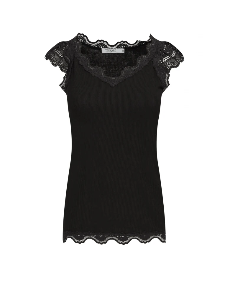 Black blouse with short sleeves and lace inserts