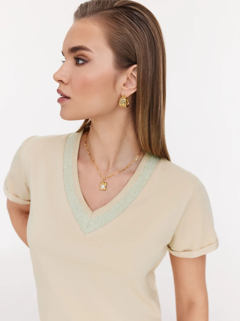 Beige blouse with short sleeves