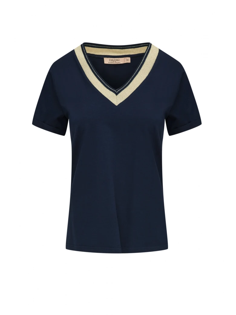Navy blue blouse with piping and short sleeves