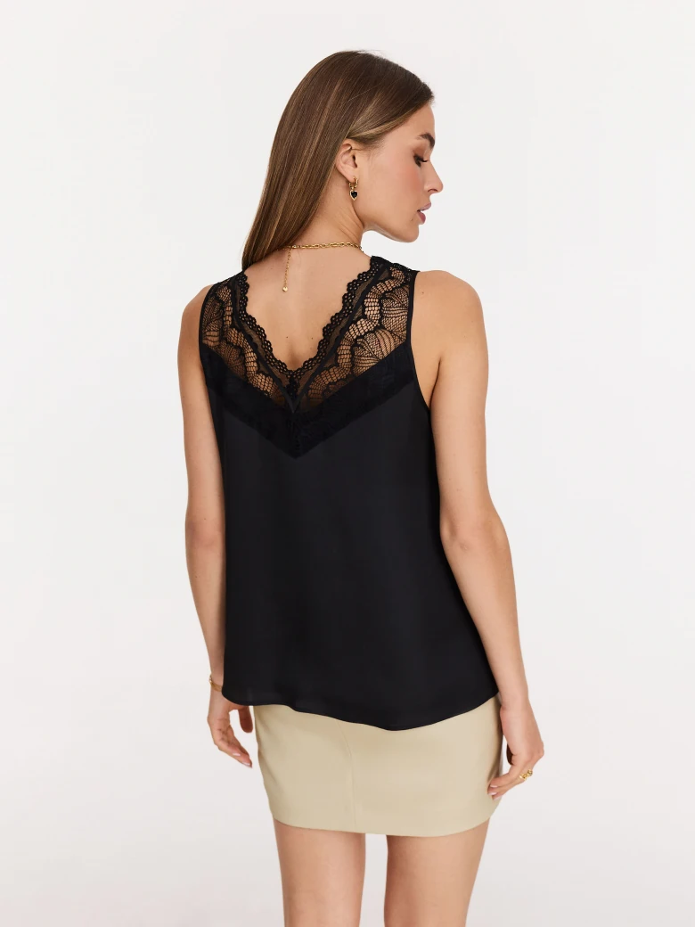 Black satin top with lace inserts