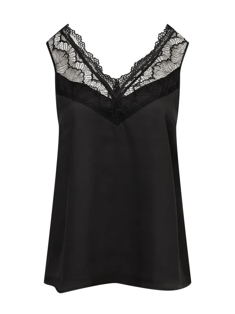 Black satin top with lace inserts