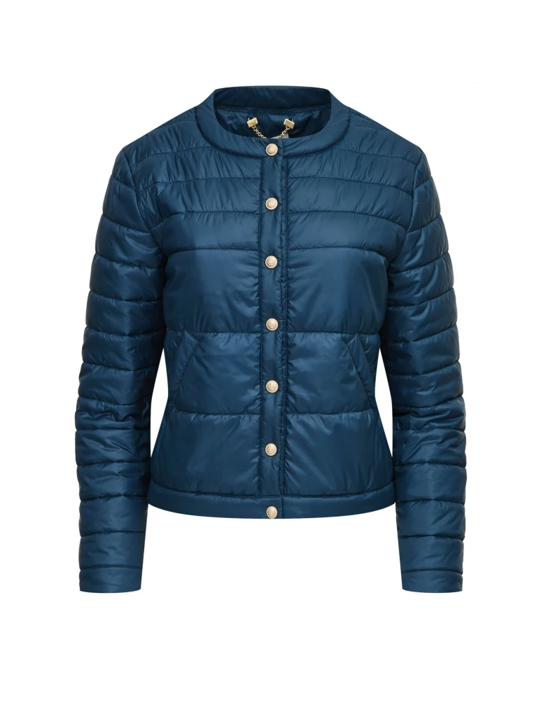 Navy blue quilted jacket with decorative buttons