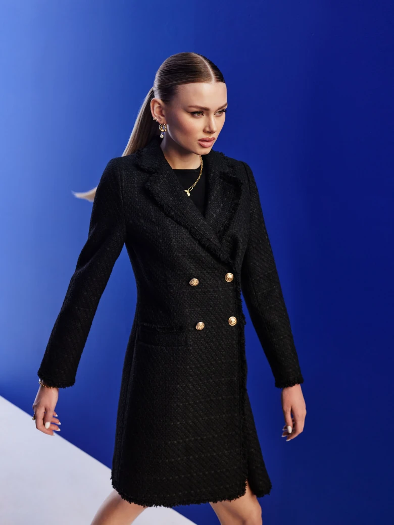 Black bouclé fabric coat