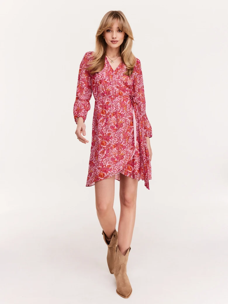 Pink viscose dress with envelope neckline