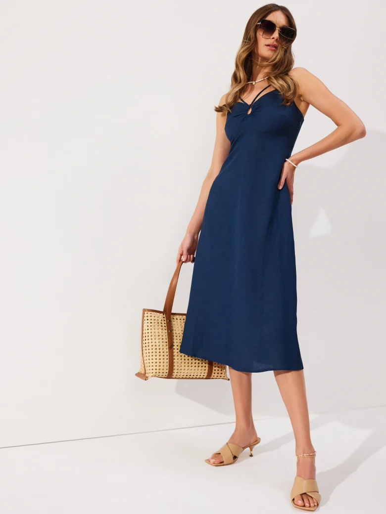 Elegant navy blue strapless midi dress