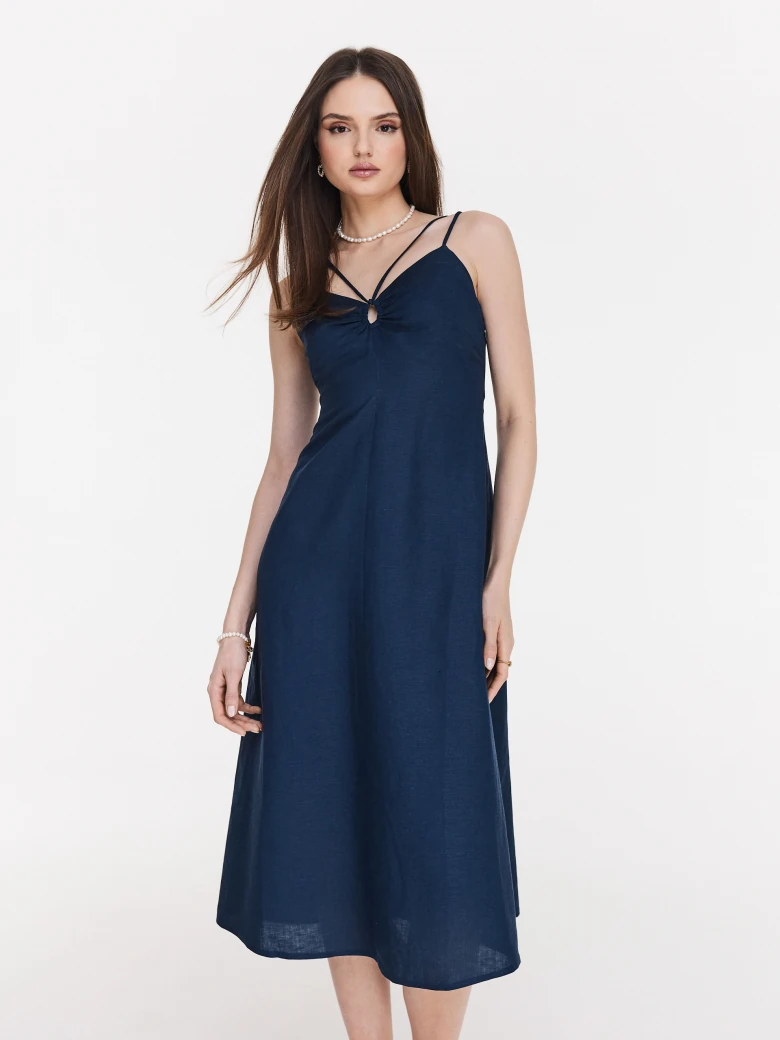 Elegant navy blue strapless midi dress