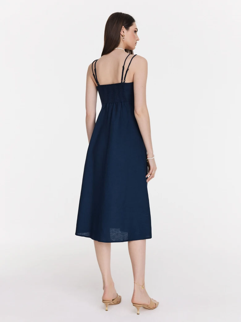 Elegant navy blue strapless midi dress