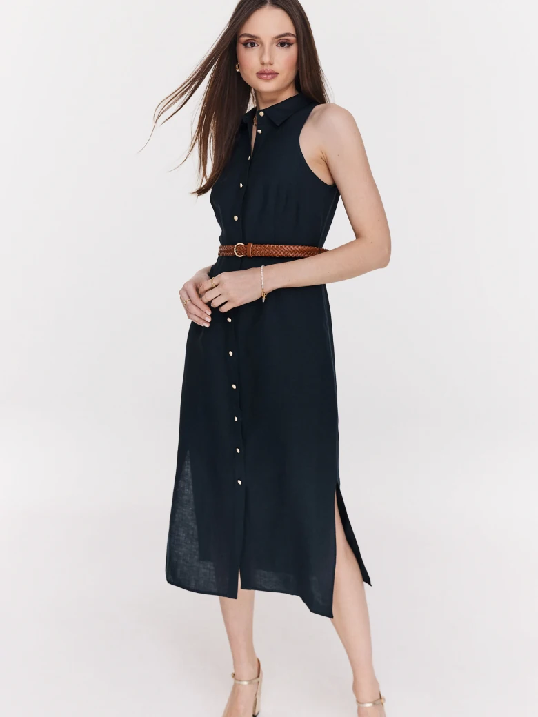 Navy blue button-down midi dress