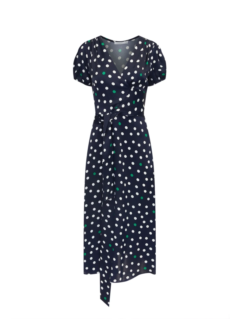 Navy blue dress with white and green peas