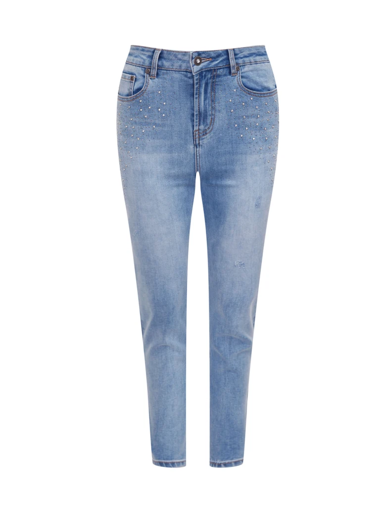 Thin bright denim pants decorated with rhinestones