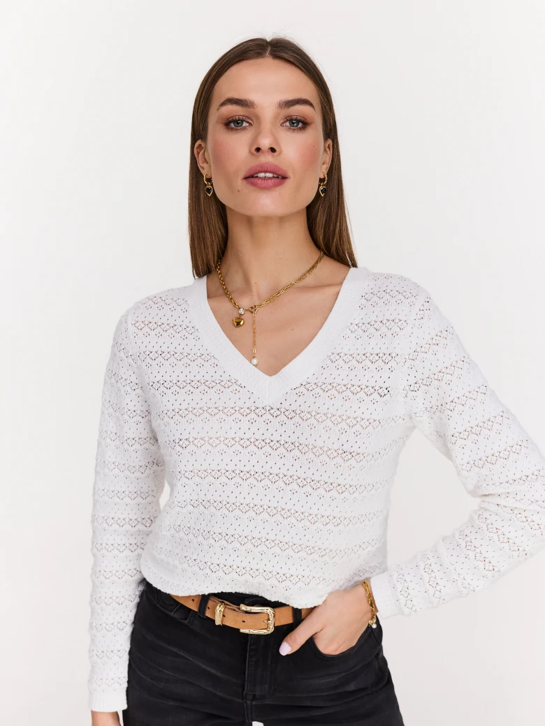 Openwork white sweater with V neckline