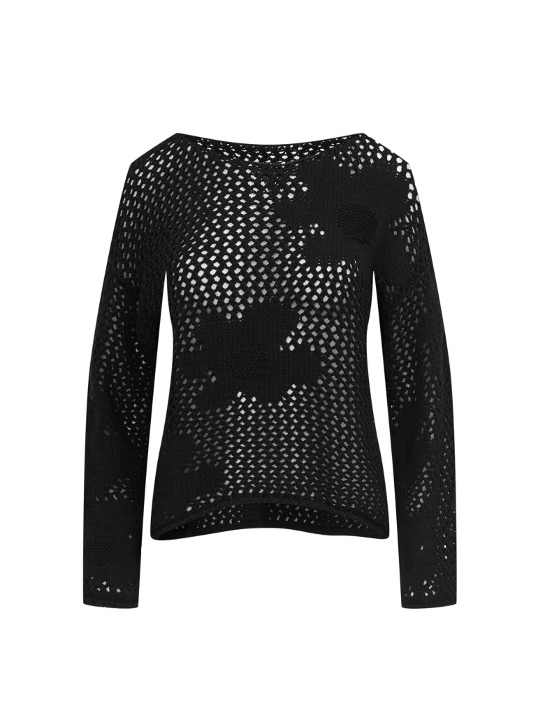 Openwork black sweater with floral elements