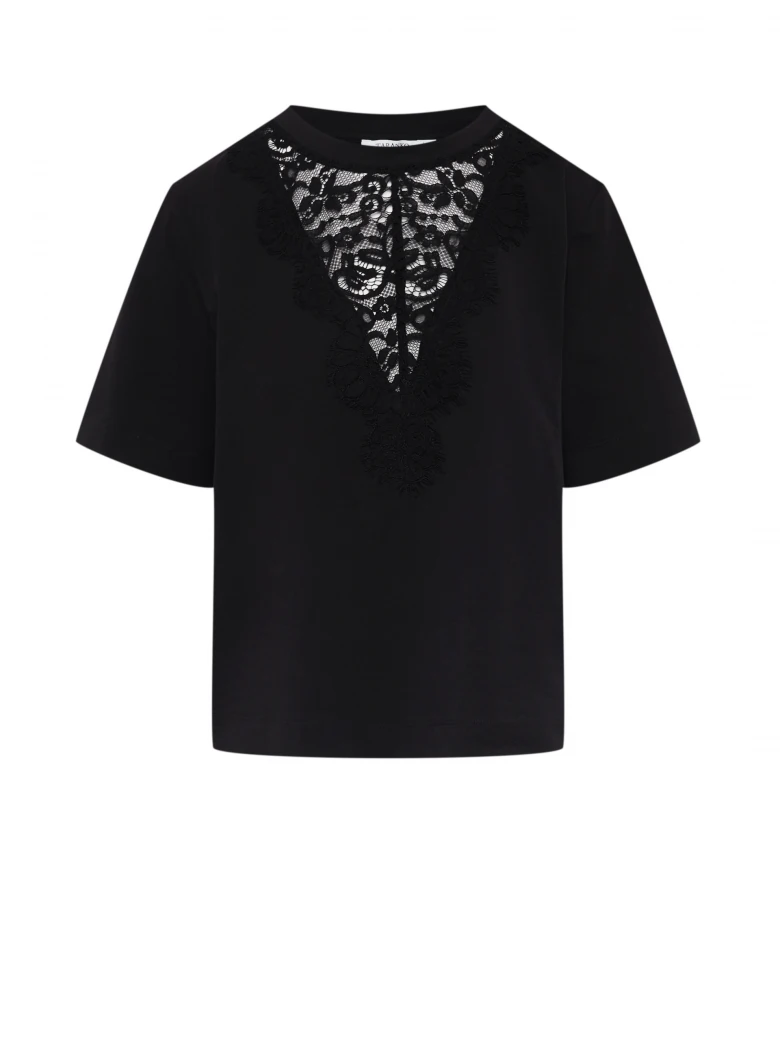 Black cotton blouse with lace insert