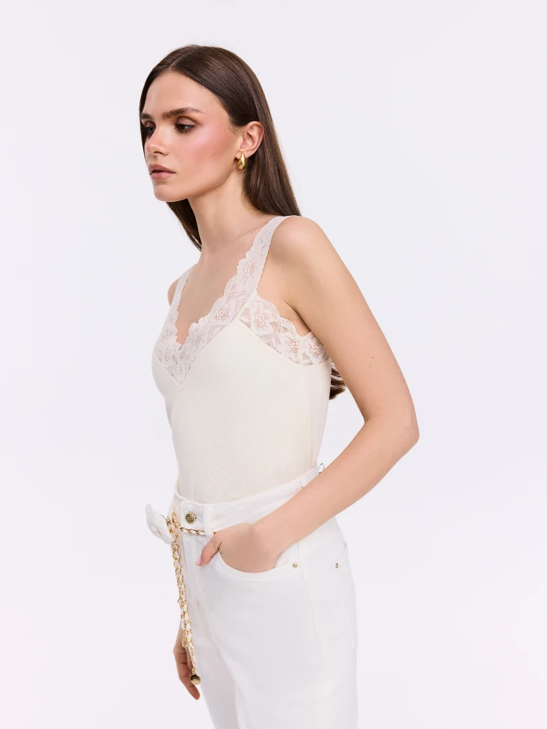 Creamy top with lace trim