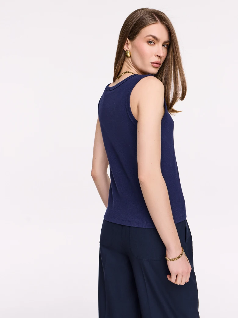 Navy blue cotton top with a round neckline
