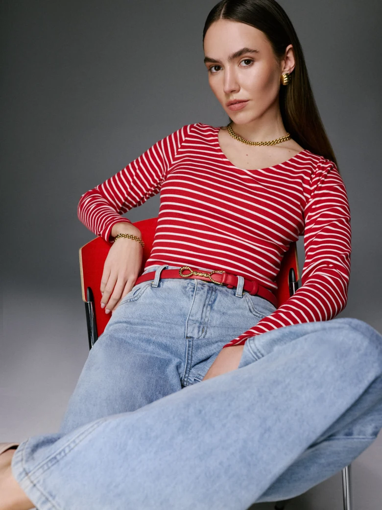 Red striped long-sleeved blouse