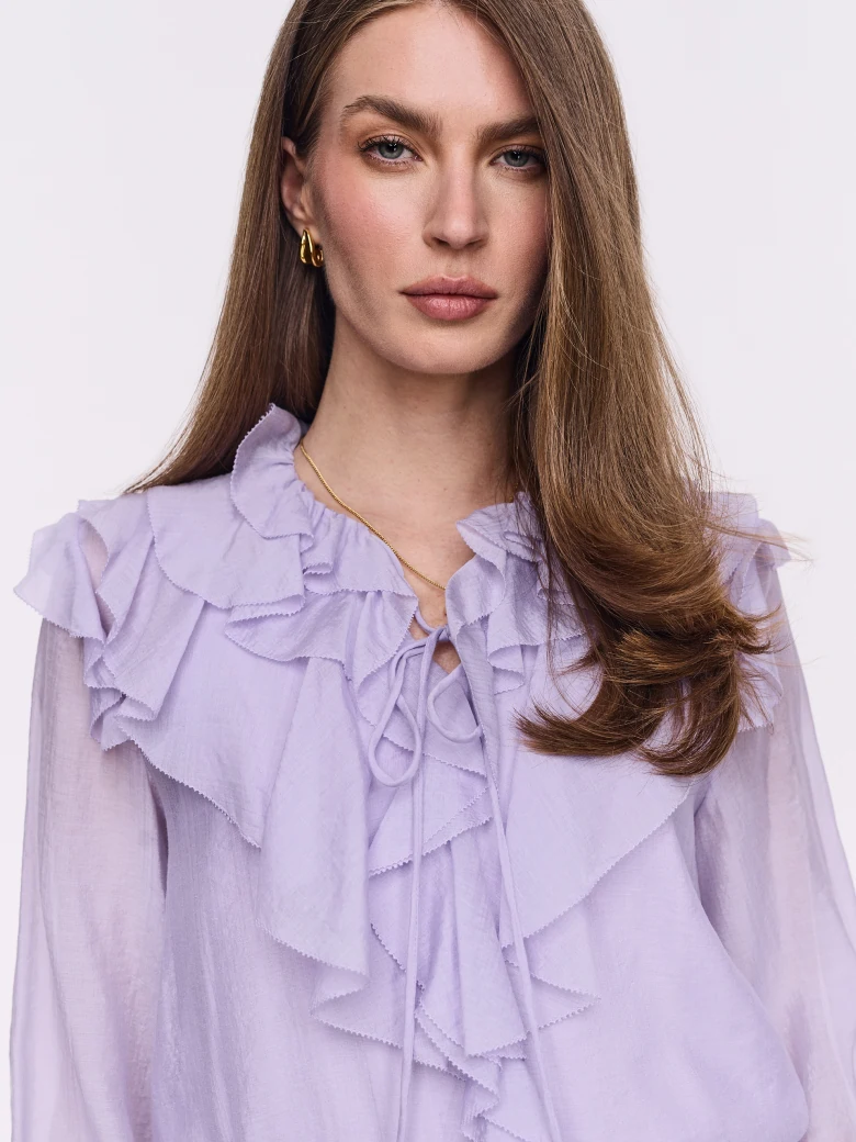 Lilac rayon blouse with puffed sleeves and jabot