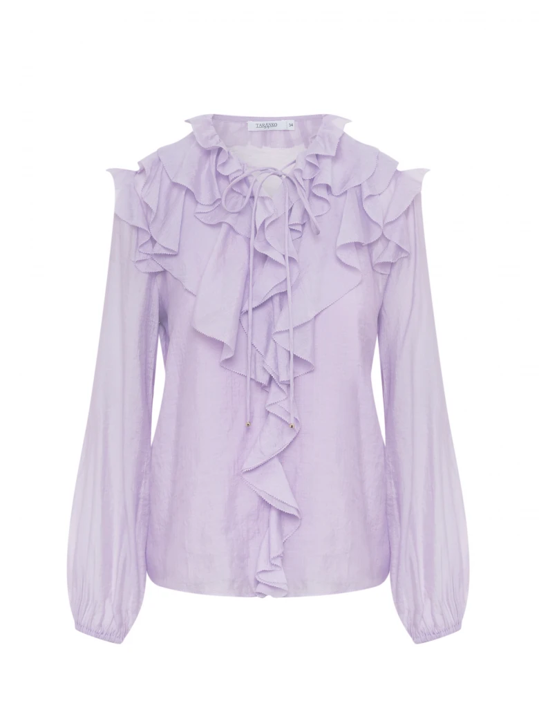 Lilac rayon blouse with puffed sleeves and jabot
