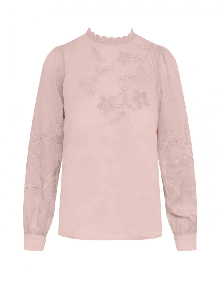Light pink ramie blouse with embroidered decorations