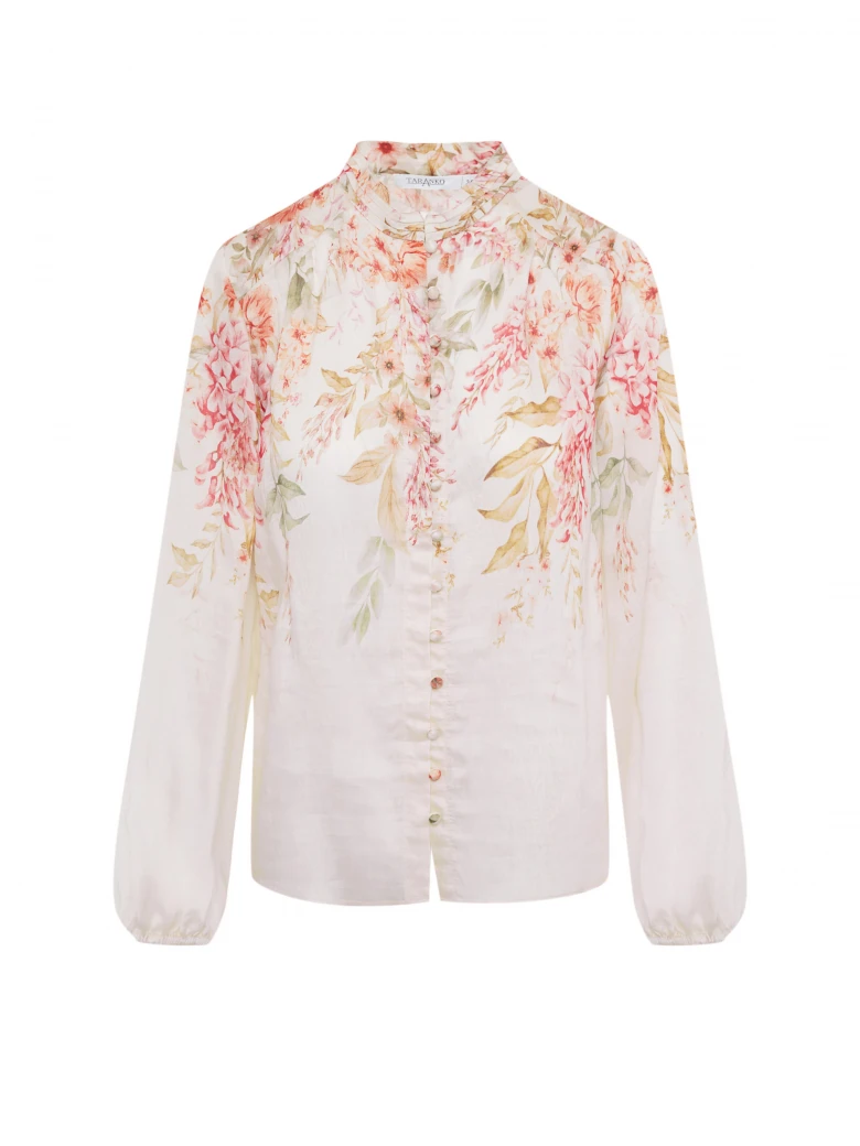 Creamy shirt with a stand-up collar and floral patterns
