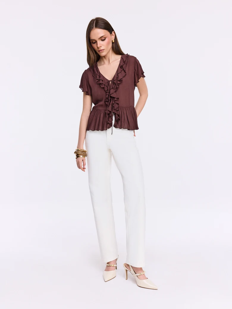 Chocolate-colored short-sleeved blouse with frills