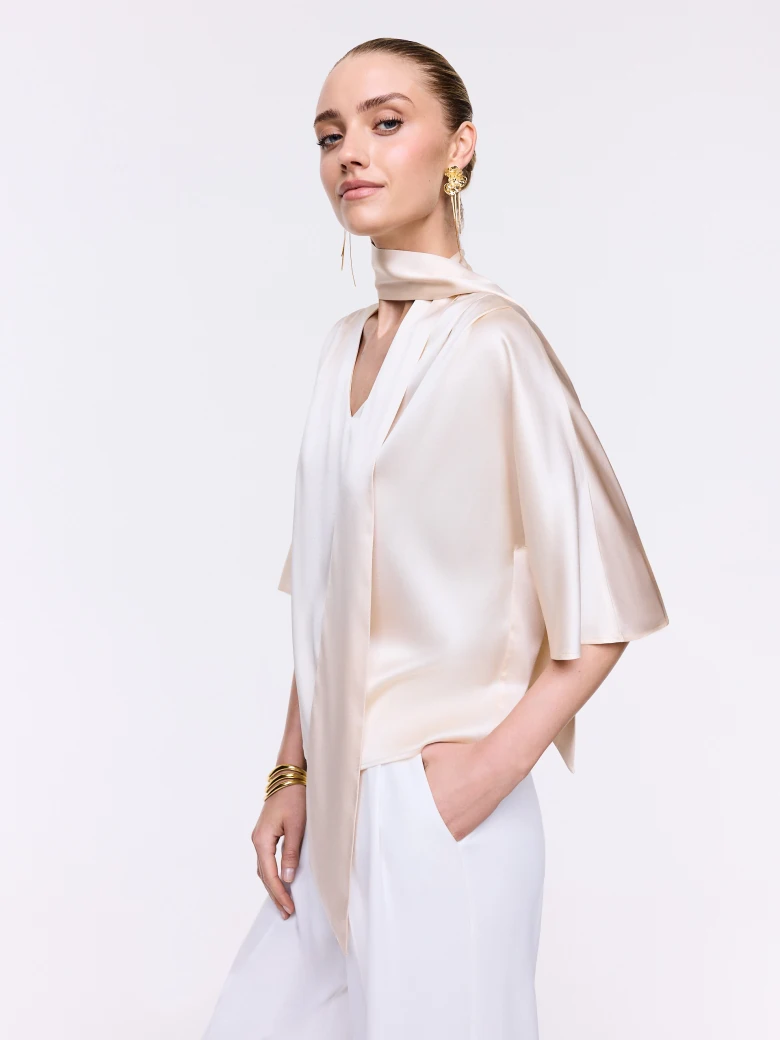 Cream Silk Blouse with Scarf Detail