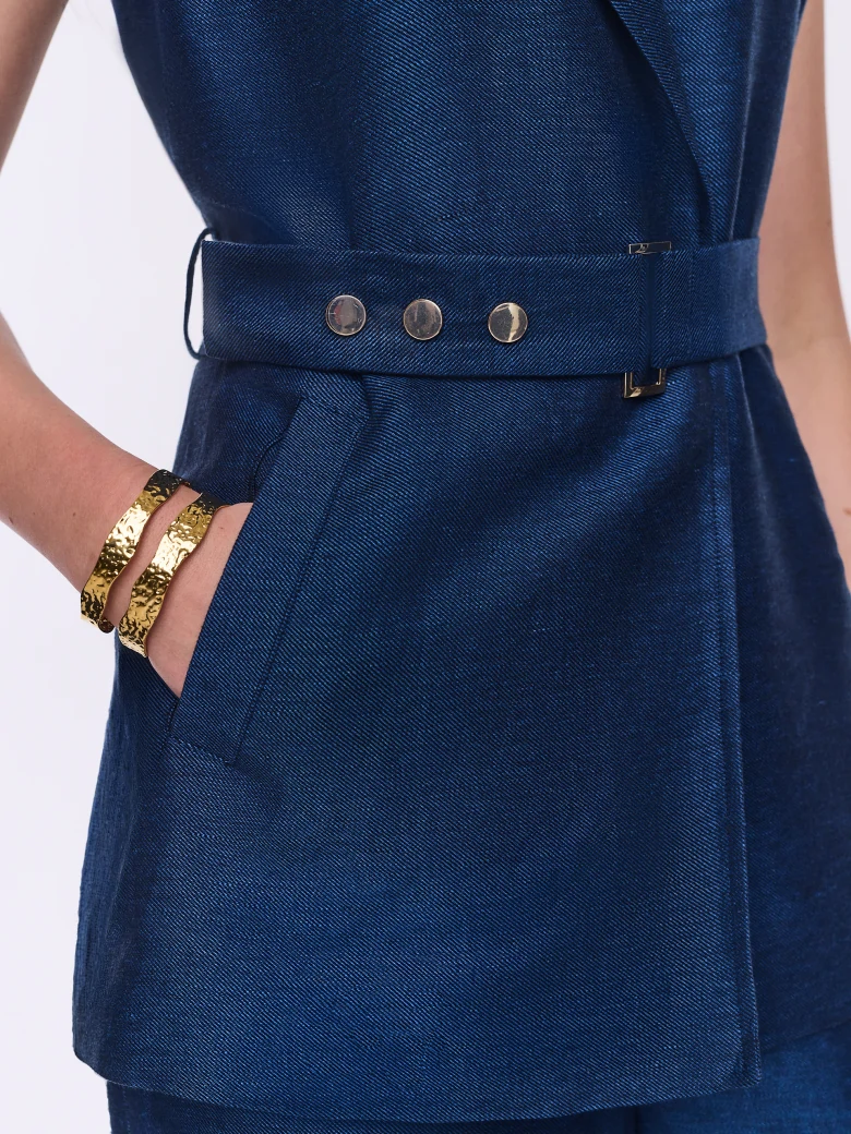 Navy blue waistcoat with a linen and viscose belt