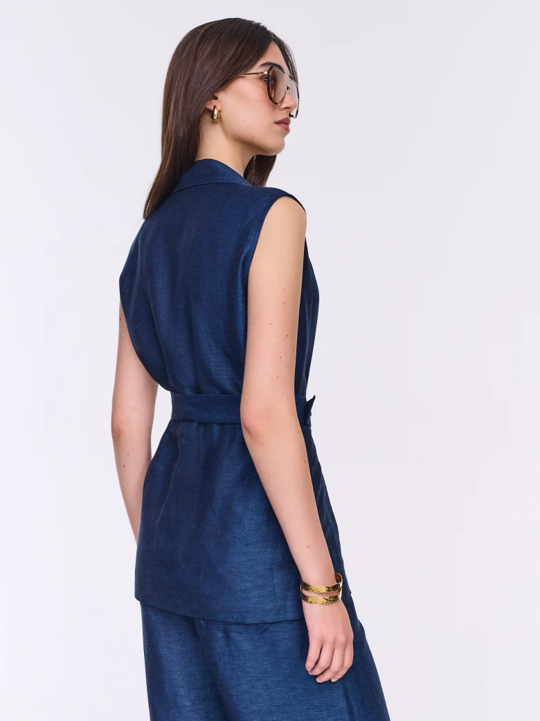 Navy blue waistcoat with a linen and viscose belt