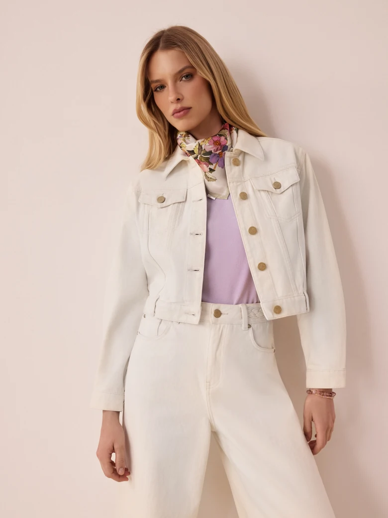 Cream denim jacket with gold buttons