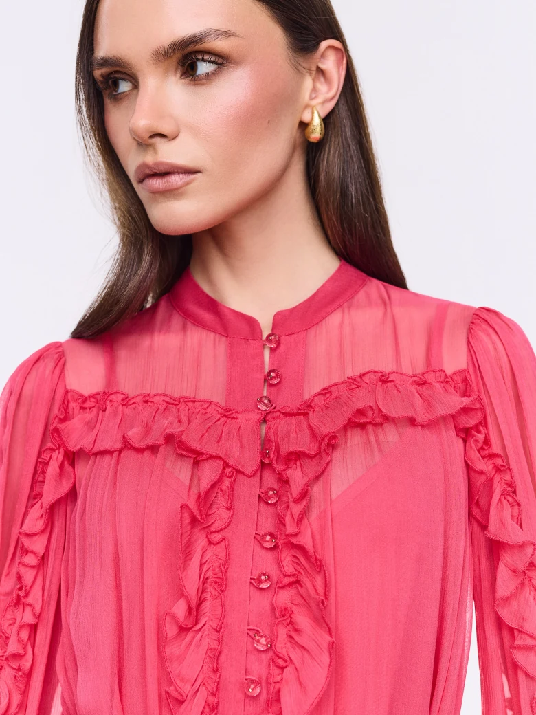 Long coral dress with ruffles