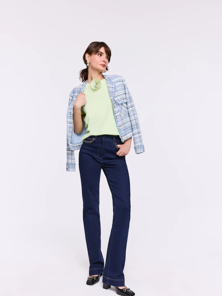 Navy blue straight jeans with decorative pockets