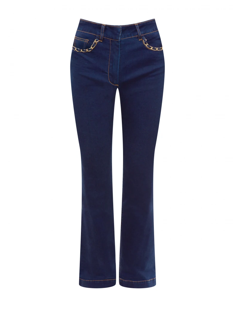 Navy blue straight jeans with decorative pockets