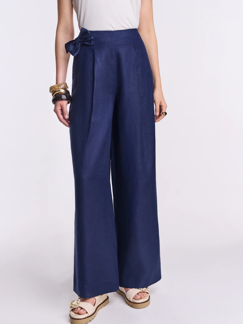 Navy blue linen trousers with side ties