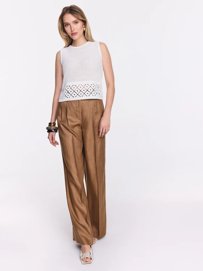 Caramel-colored high-waisted linen pants