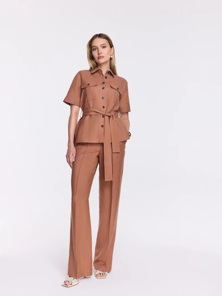 Caramel-colored wide-leg pants with linen